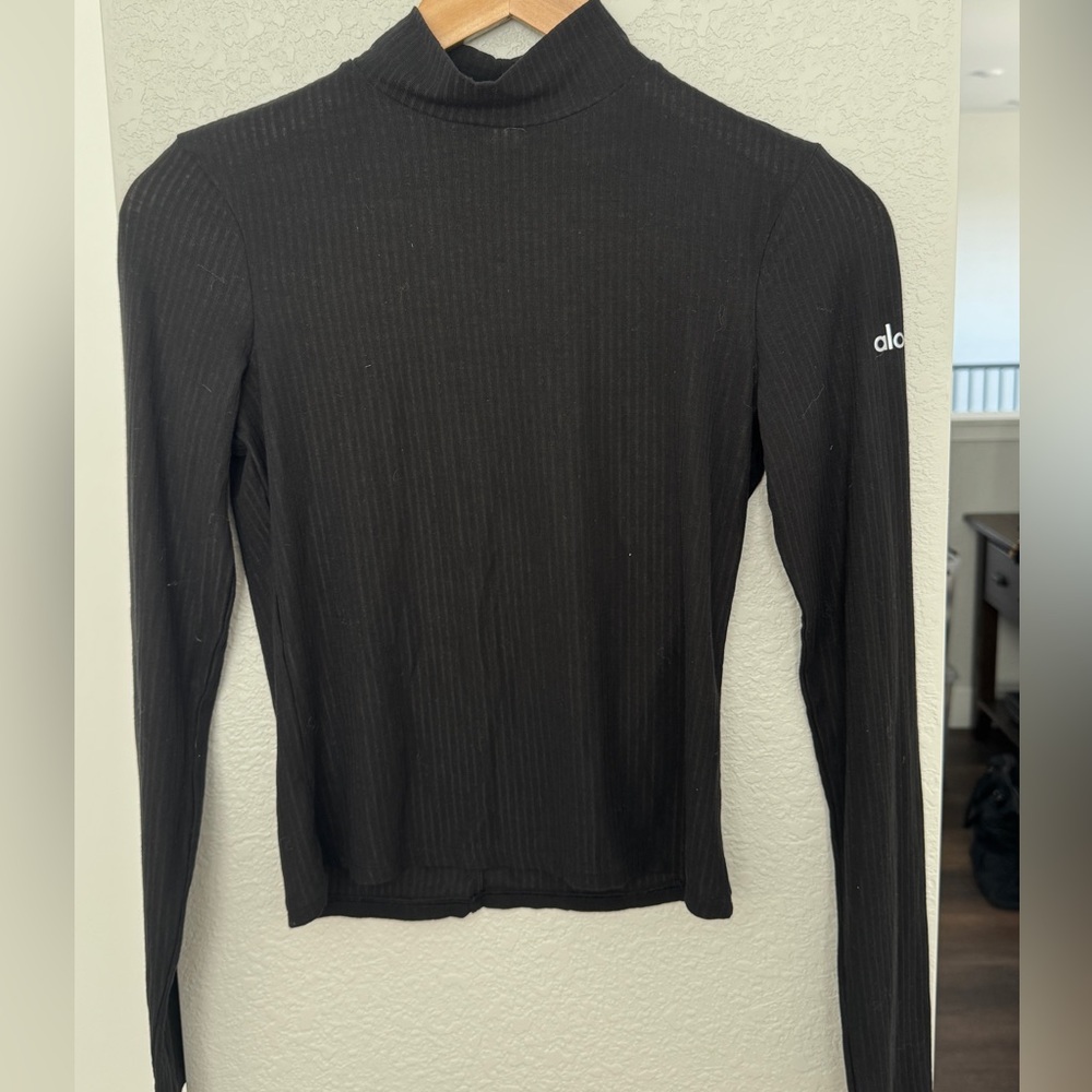 ALO Yoga Black Ribbed Long-Sleeve Mock Neck Top